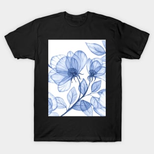 Blue transparent roses watercolor print. Porcelain floral motif. Translucent delicate floral composition T-Shirt